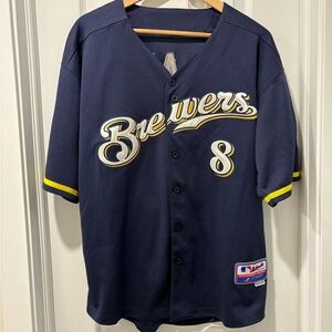 Milwaukee Brewers Navy Baseball Jersey Ryan Braun 8 size 50/L